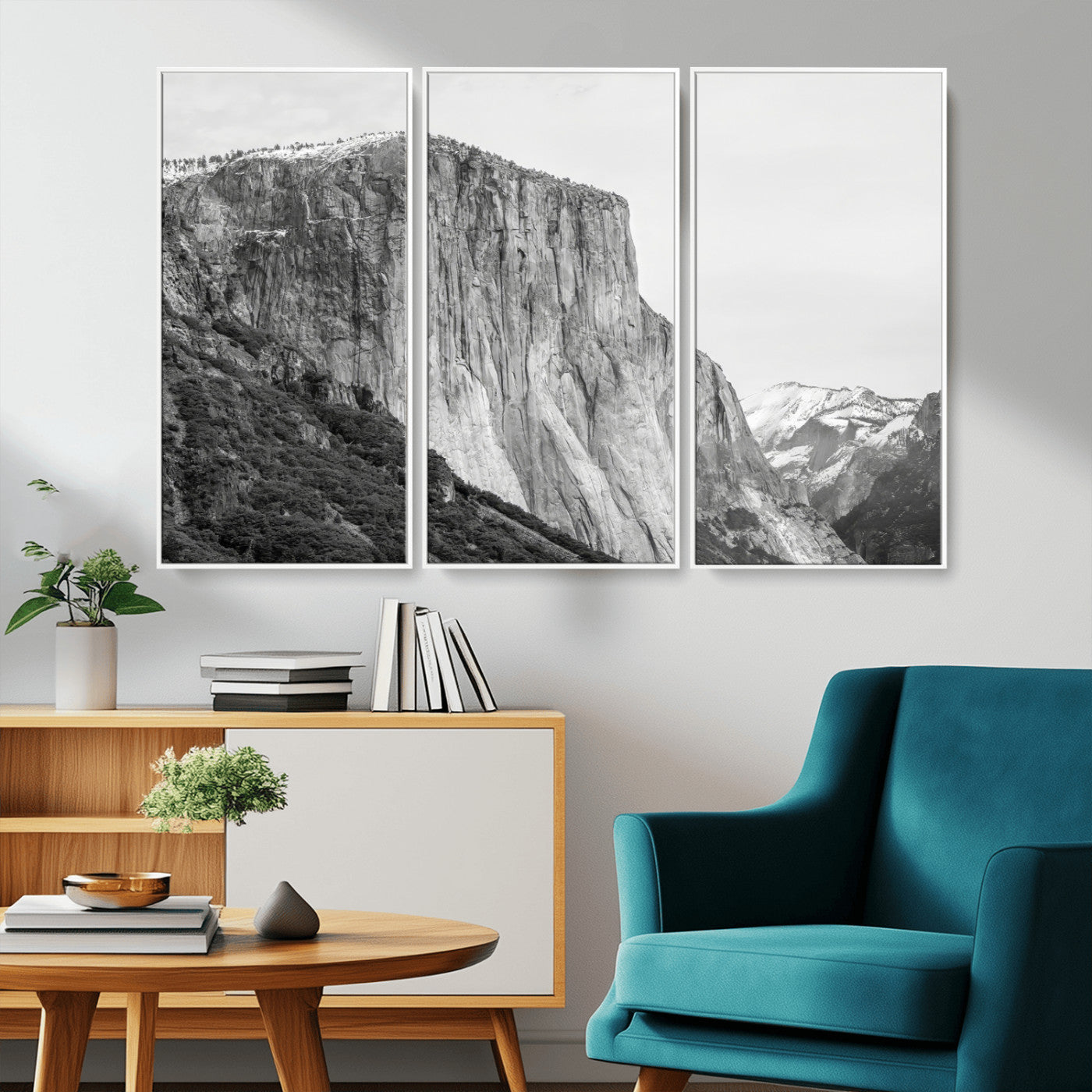 Monochrome canvas of El Capitan’s granite wall in Yosemite with snowy peaks, ideal for dramatic mountain or black-and-white nature decor.