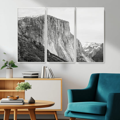 Monochrome canvas of El Capitan’s granite wall in Yosemite with snowy peaks, ideal for dramatic mountain or black-and-white nature decor.