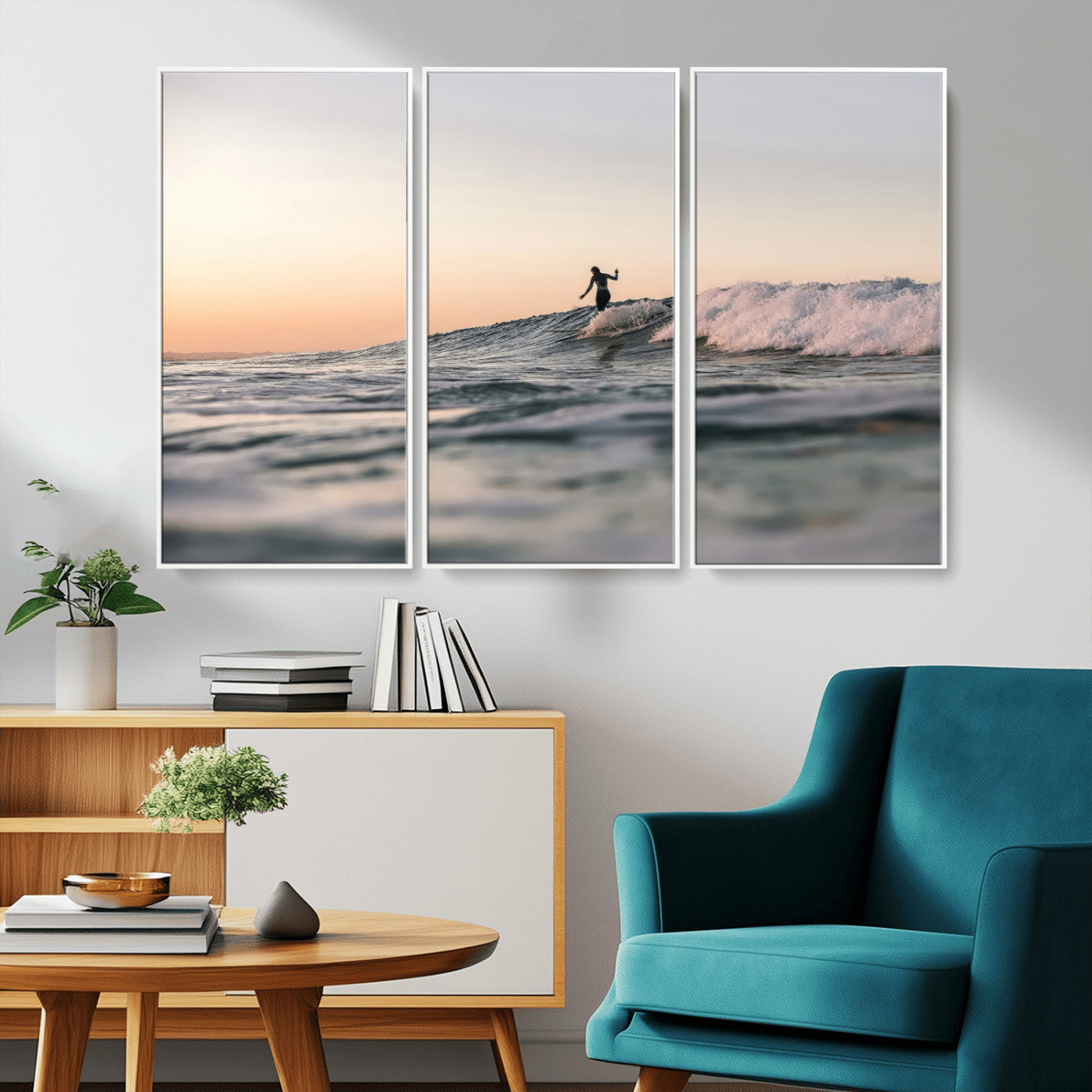 Framed canvas of a female surfer balancing on a wave at sunset, perfect for serene surf or ocean-inspired coastal decor.