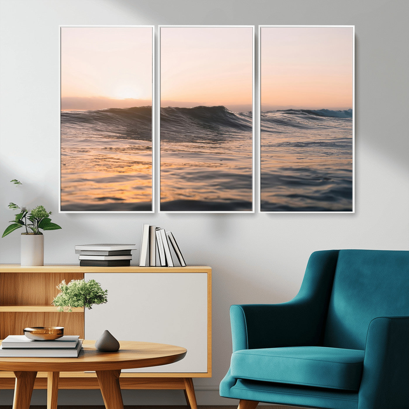 Framed canvas of ocean waves glowing in sunset light, ideal for golden hour calm or peaceful coastal-inspired wall decor.