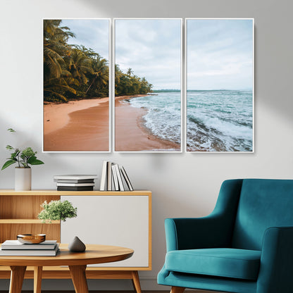 Framed canvas of a tropical beach with palm trees and soft waves, ideal for coastal escape or serene nature-inspired home decor.