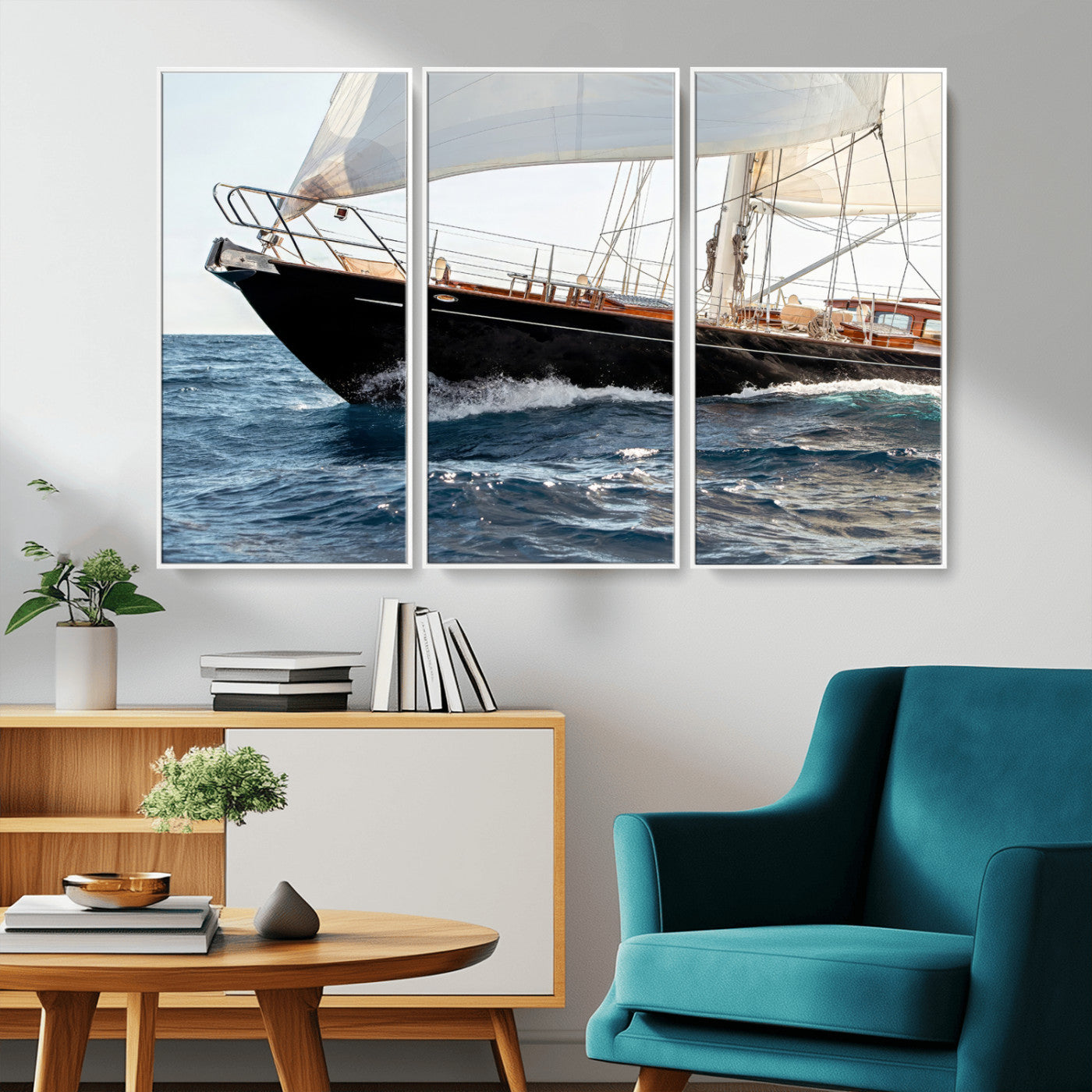 Close-up of a classic sailing yacht with wooden deck and full sails, perfect for nautical or coastal-style decor in ocean-themed spaces.