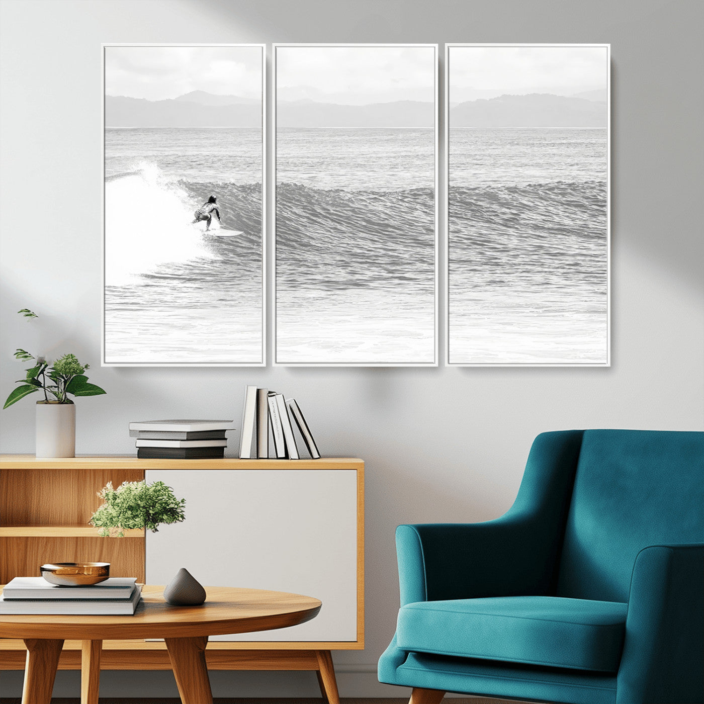 Monochrome photo of a surfer riding a wave with distant mountains, ideal for coastal motion or black and white surf-themed wall decor.