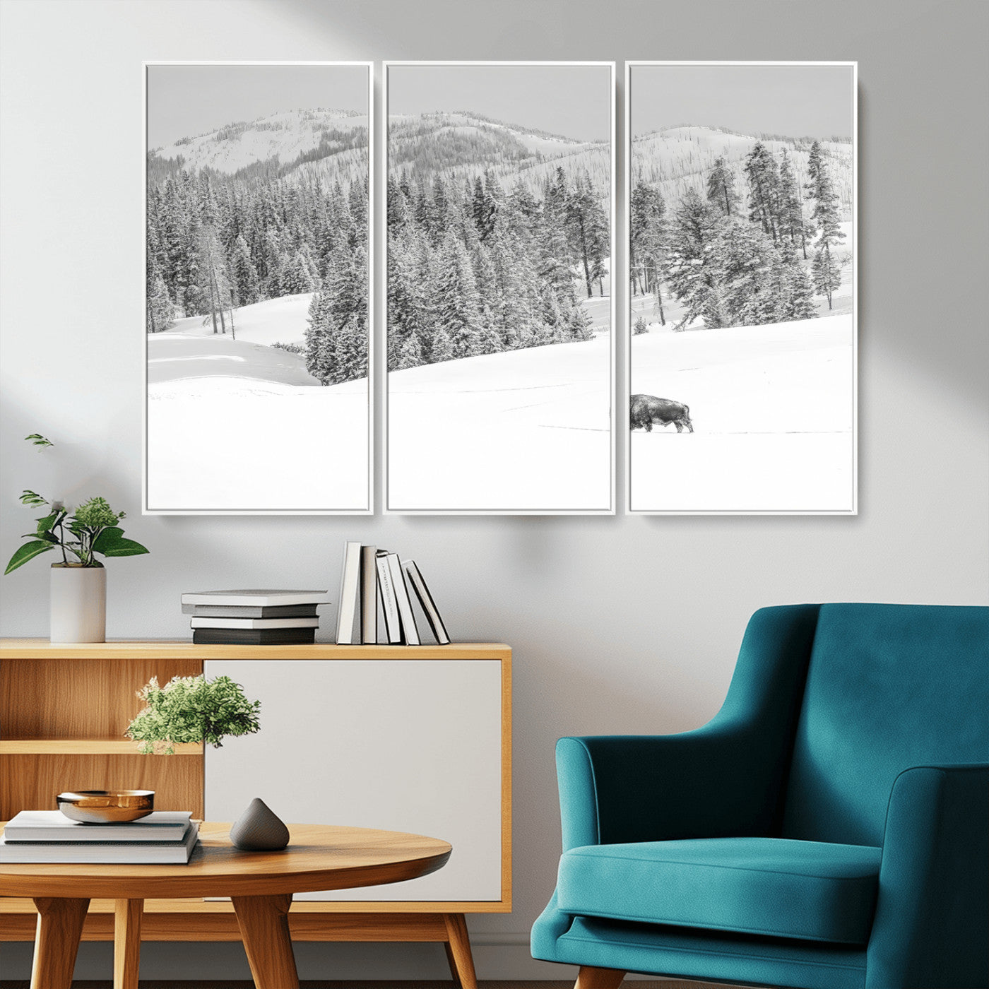 Snowy bison walking through white forest landscape, ideal for monochrome winter or wilderness-style interior wall decoration.