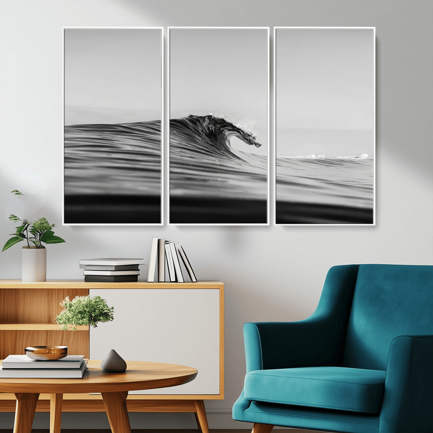 Striking black and white photo of a curling wave, ideal for modern coastal or minimalist wall decor settings.
