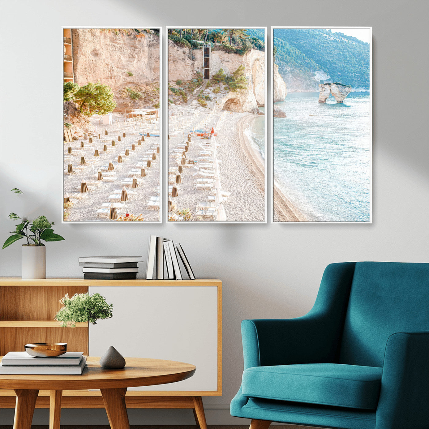 Wall art of a calm Mediterranean beach with rows of sun loungers and umbrellas in soft pastel tones, perfect for light coastal or vacation-themed decor.