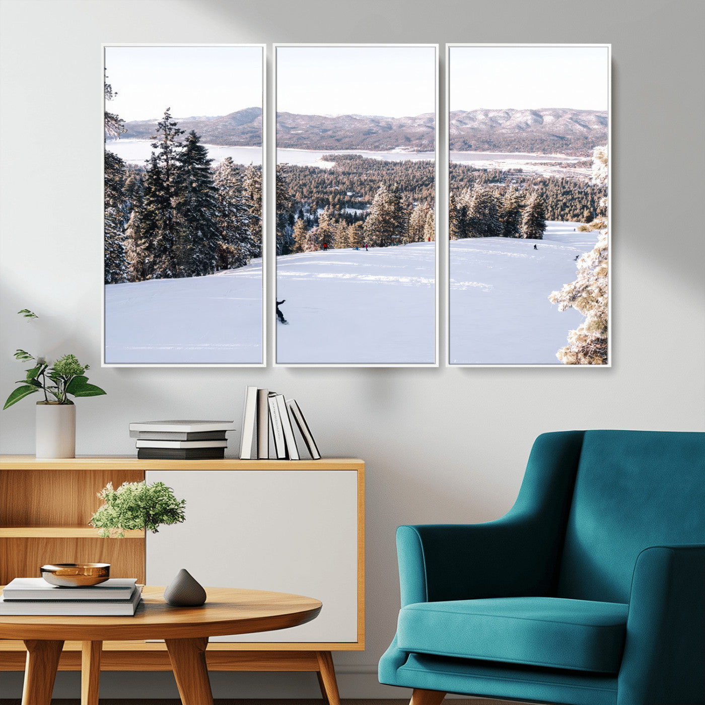 Canvas of a snowy mountain ski slope with pine trees and bright winter light, ideal for modern rustic or alpine-inspired home decor.