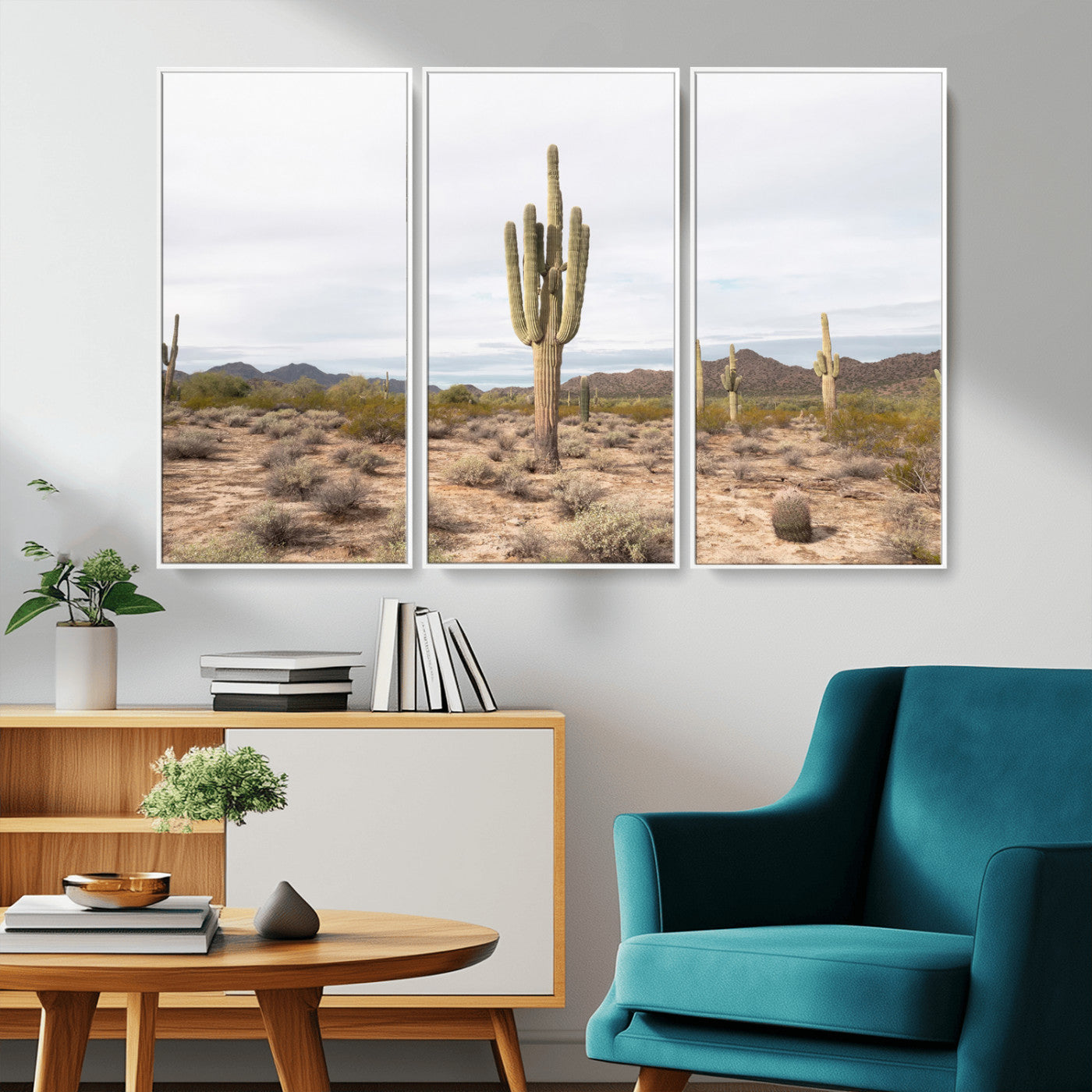 Canvas of a saguaro cactus in an earthy Sonoran desert landscape, ideal for Southwestern Boho or desert minimalism inspired home decor.   2/2