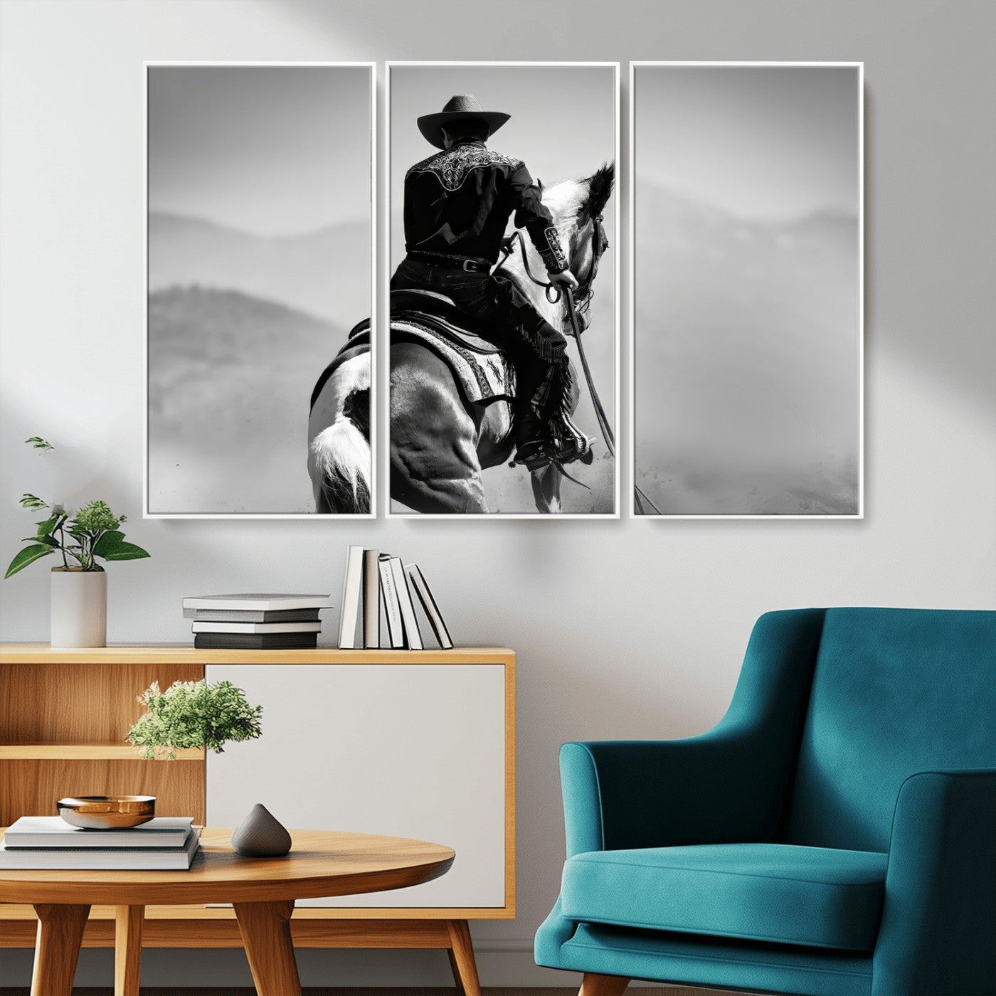 Black and white canvas of a cowboy on horseback with moody tones, perfect for rustic western or country-inspired home decor.
