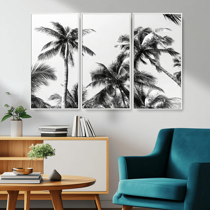 Black and white canvas of tall palm trees in moody tones, perfect for modern tropical minimalist or coastal-style home decor.