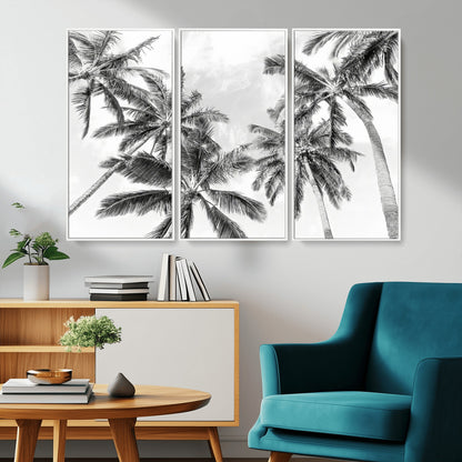 Black and white tropical palm trees viewed from below, swaying gently against a bright sky, creating a serene and elegant coastal atmosphere.