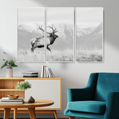 Black and white photograph of a majestic elk standing in a grassy field with snow-capped mountains in the background, creating a bold and rustic wilderness scene.