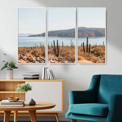 Warm desert landscape with cacti and coastal mountains, perfect for southwestern or earthy calm-themed home wall decor.