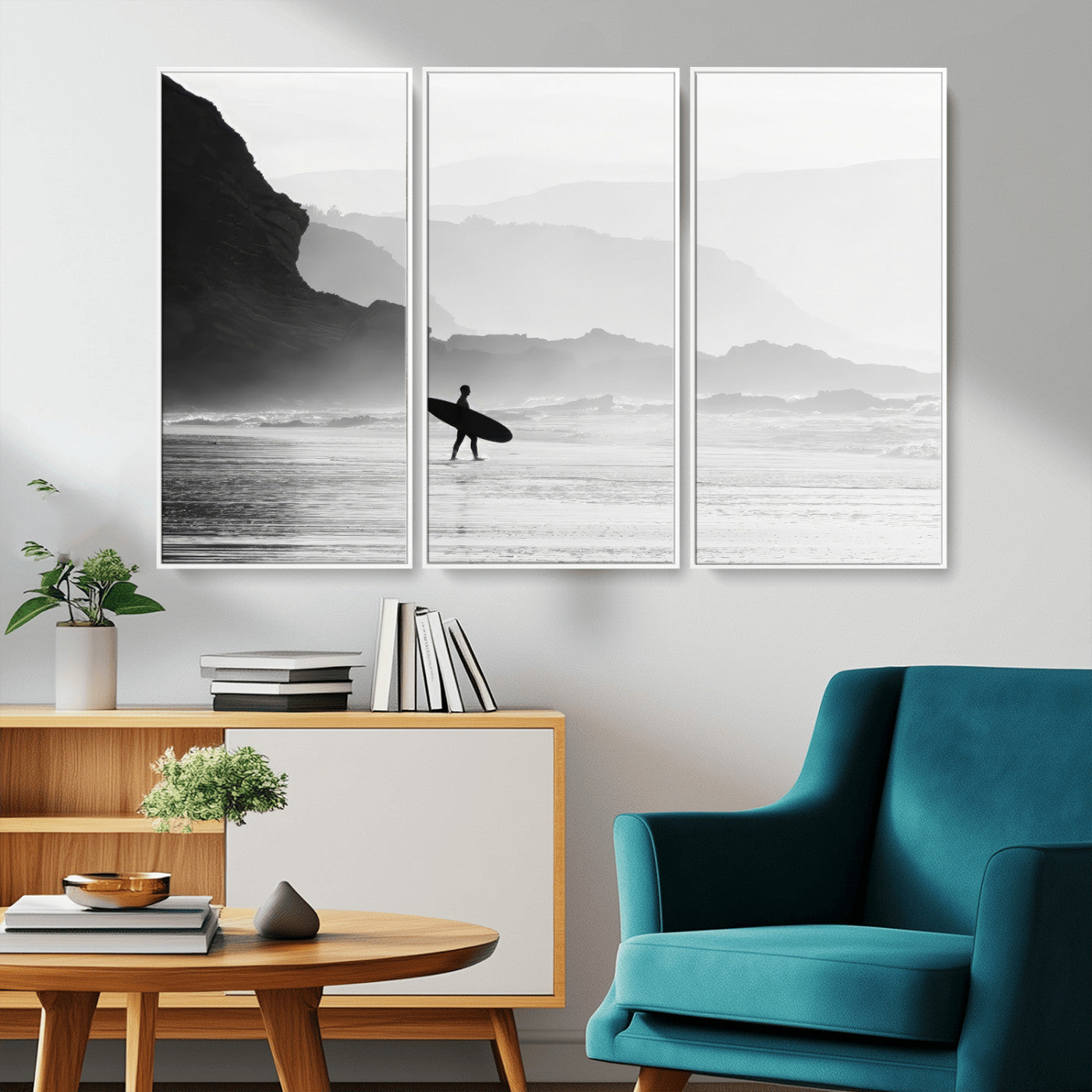 A lone surfer walking along a misty beach with cliffs in the background, carrying their board, capturing a serene and minimal ocean moment.