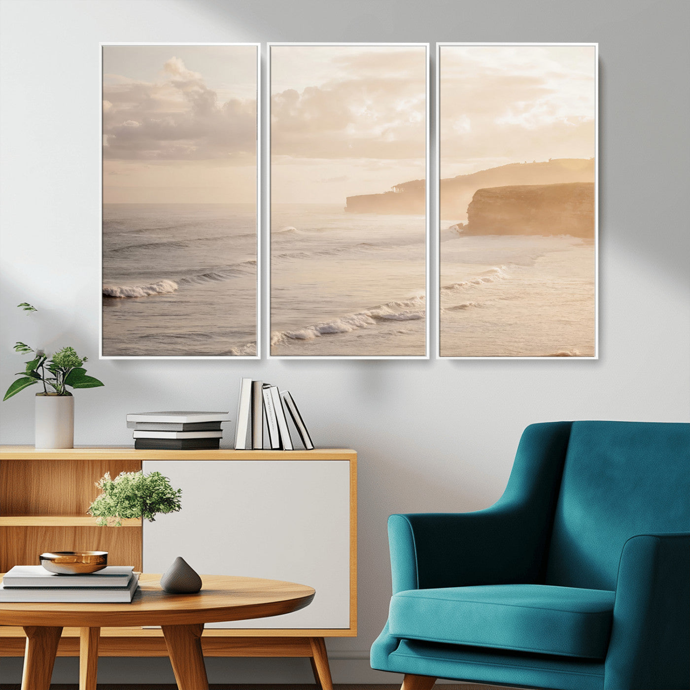 Golden hour seascape with misty cliffs and gentle waves rolling towards the shore, capturing a tranquil and warm coastal atmosphere.
