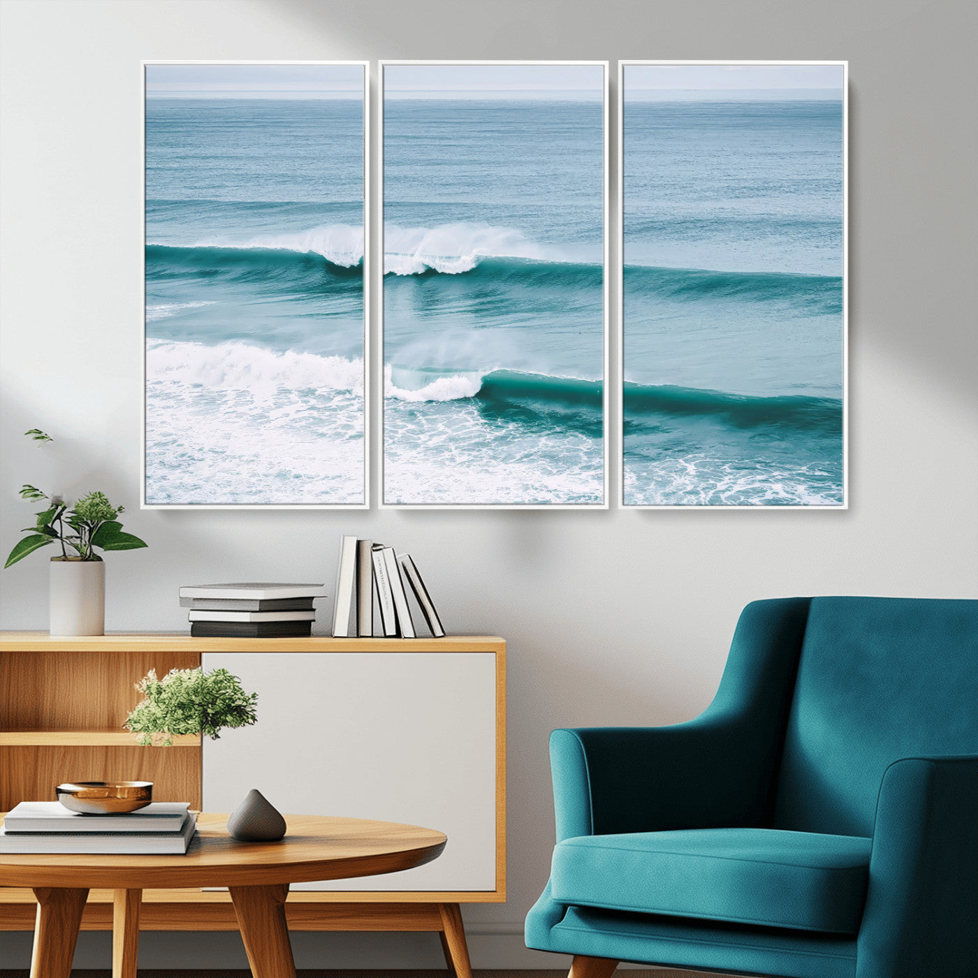 Powerful ocean waves rolling towards the shore, their turquoise hues blending with white sea foam under an open horizon, capturing the essence of the ocean's movement.