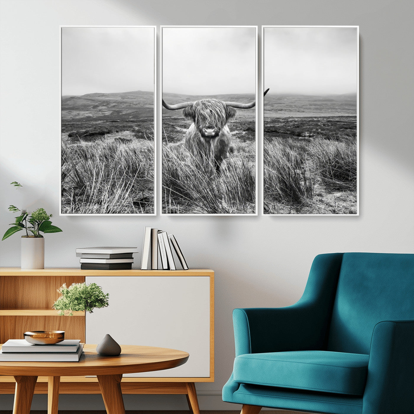 A black and white portrait of a Highland cow in a foggy Scottish countryside, capturing a rustic aesthetic and tranquil farm escape.