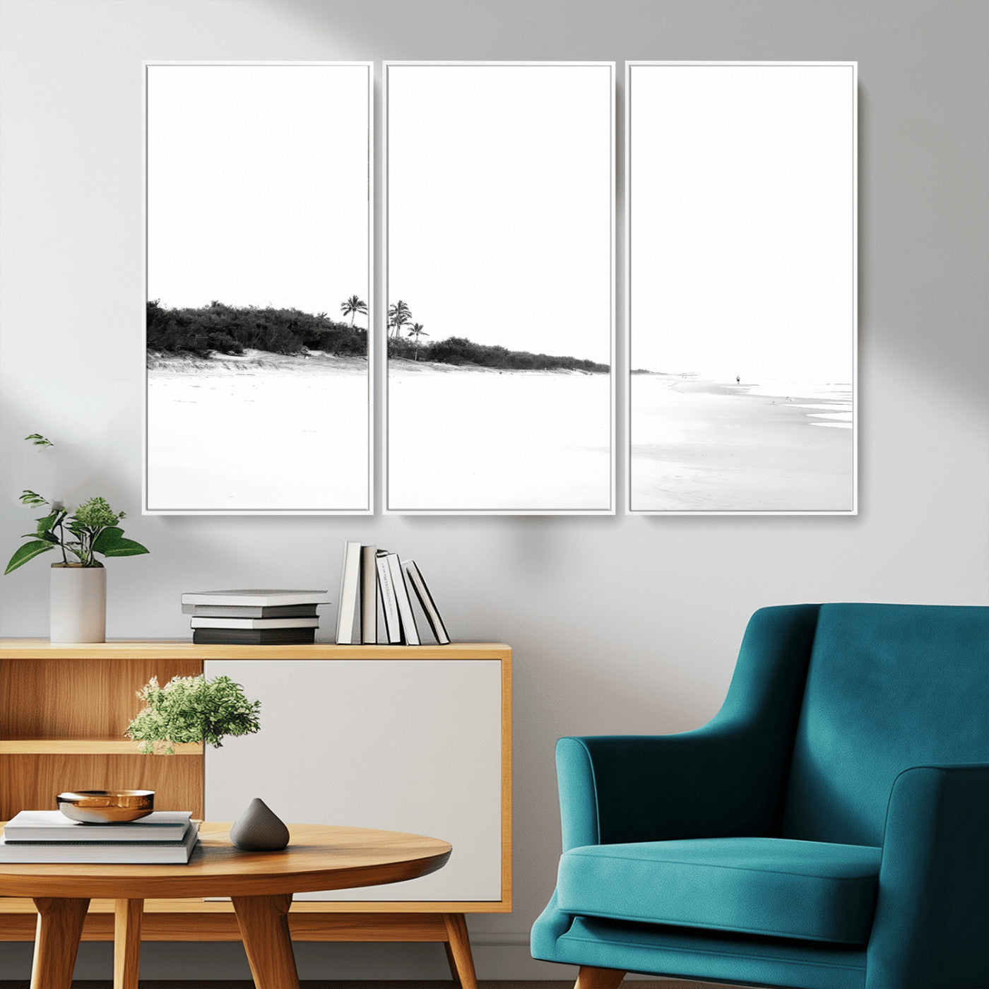 A black and white minimalist coastal scene with a vast open beach, distant palm trees, and a lone figure walking along the shoreline, evoking serenity and solitude.