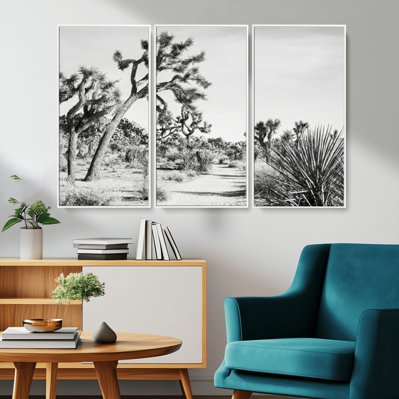 Canvas of a Joshua Tree forest in black and white tones, featuring a desert path and spiky vegetation, ideal for minimalist or rustic decor.