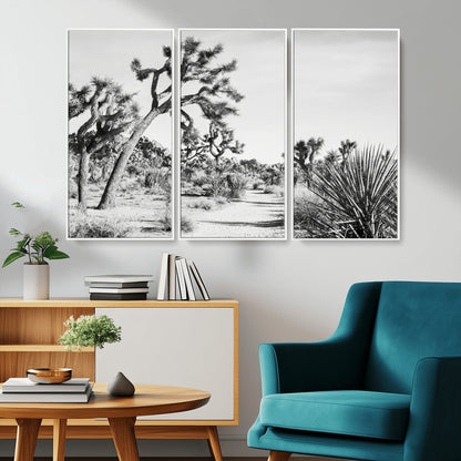 Canvas of a Joshua Tree forest in black and white tones, featuring a desert path and spiky vegetation, ideal for minimalist or rustic decor.