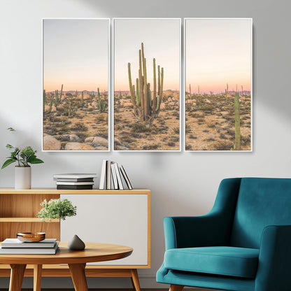 Canvas of tall desert cacti in warm sunset tones over a rocky Baja landscape, ideal for earthy or Southwestern-style home decor.
