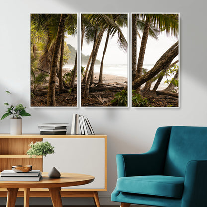 Dense tropical palm trees framing a sandy beach and ocean shore, ideal for jungle or coastal themed interior wall decor.