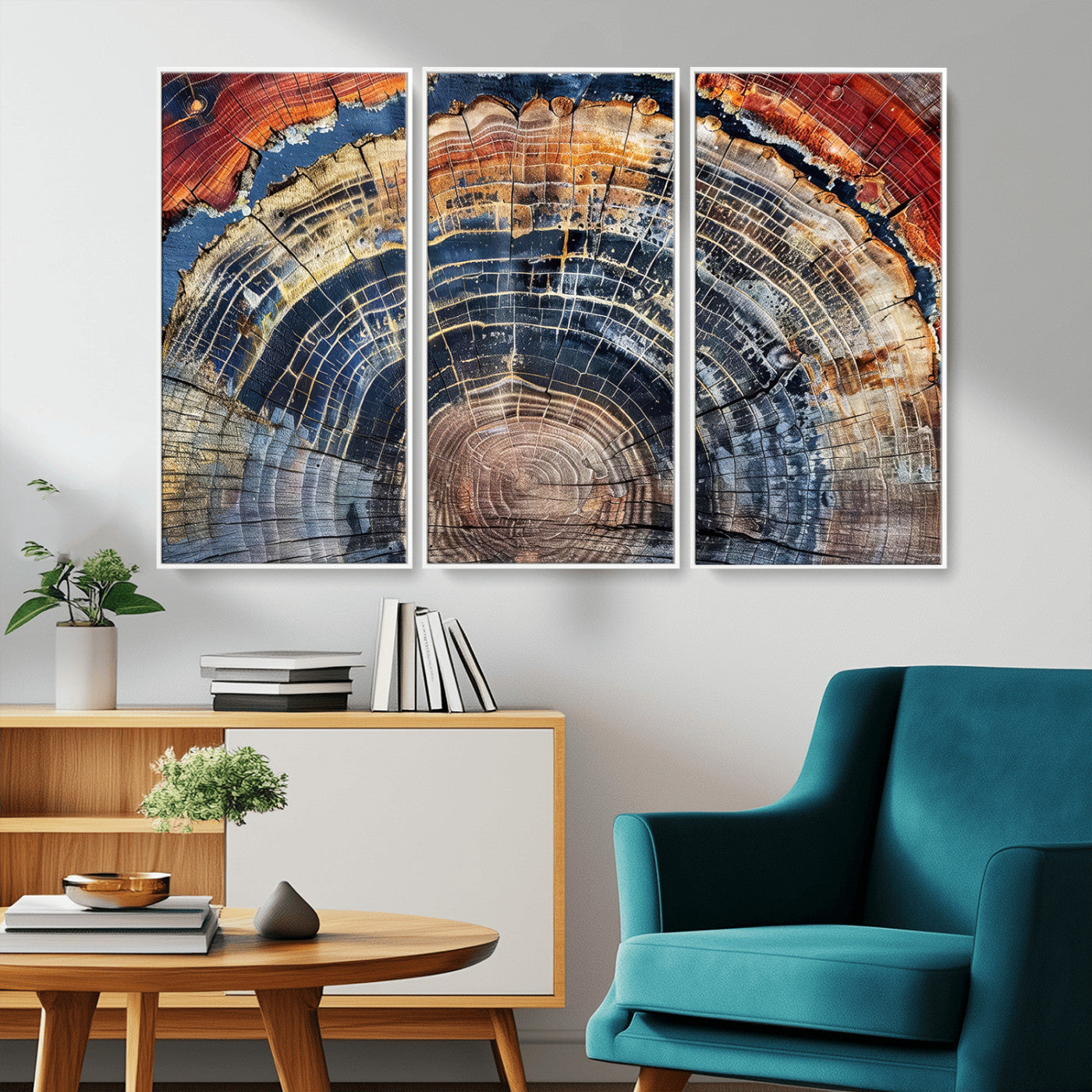 Vibrant tree ring with orange, brown, and blue tones in abstract detail, perfect for rustic or boho-inspired wall decor.