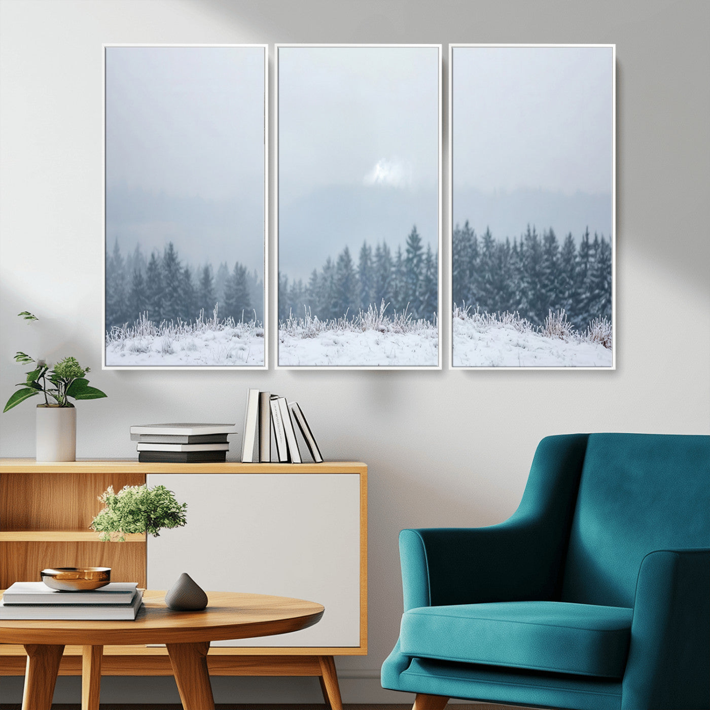 Snow-covered forest under misty sky, soft light breaking through clouds, ideal for minimalist or Nordic-inspired home decor.