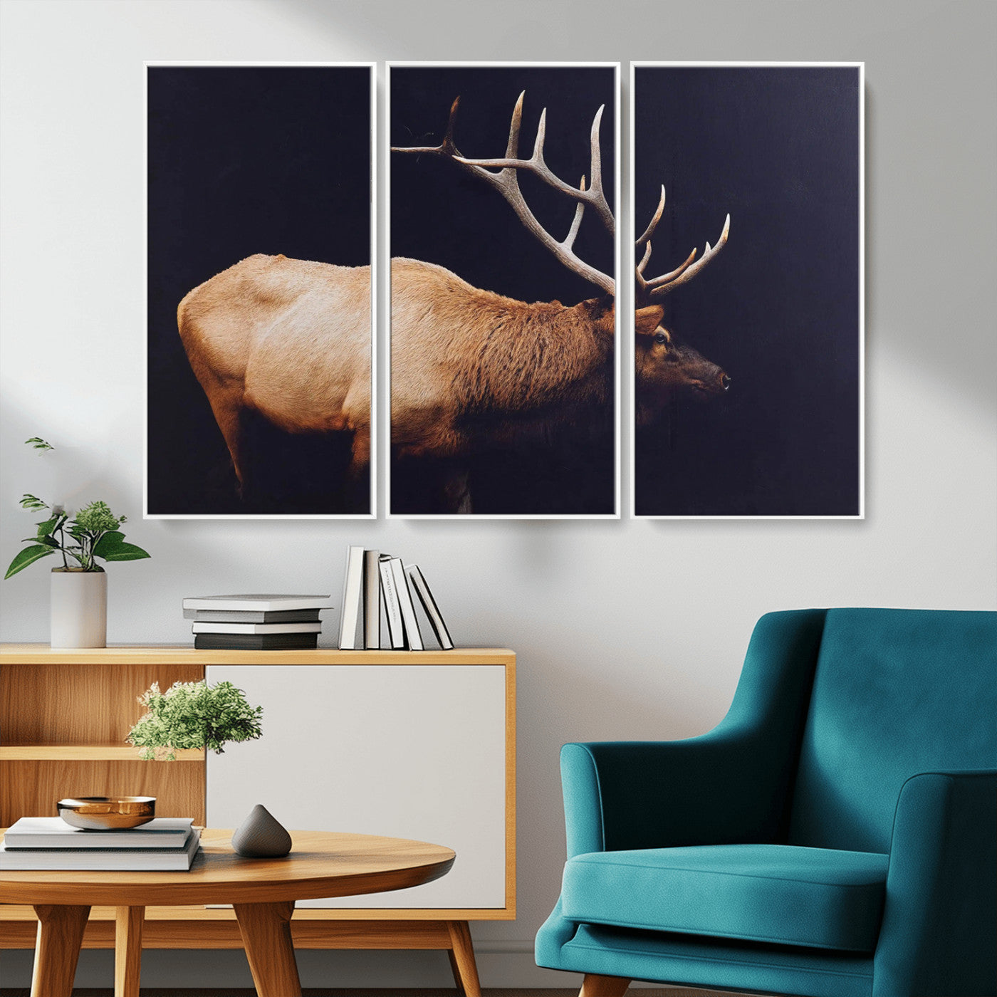 Side view of a majestic elk with large antlers against dark background, perfect for rustic lodge or cabin style home decoration.