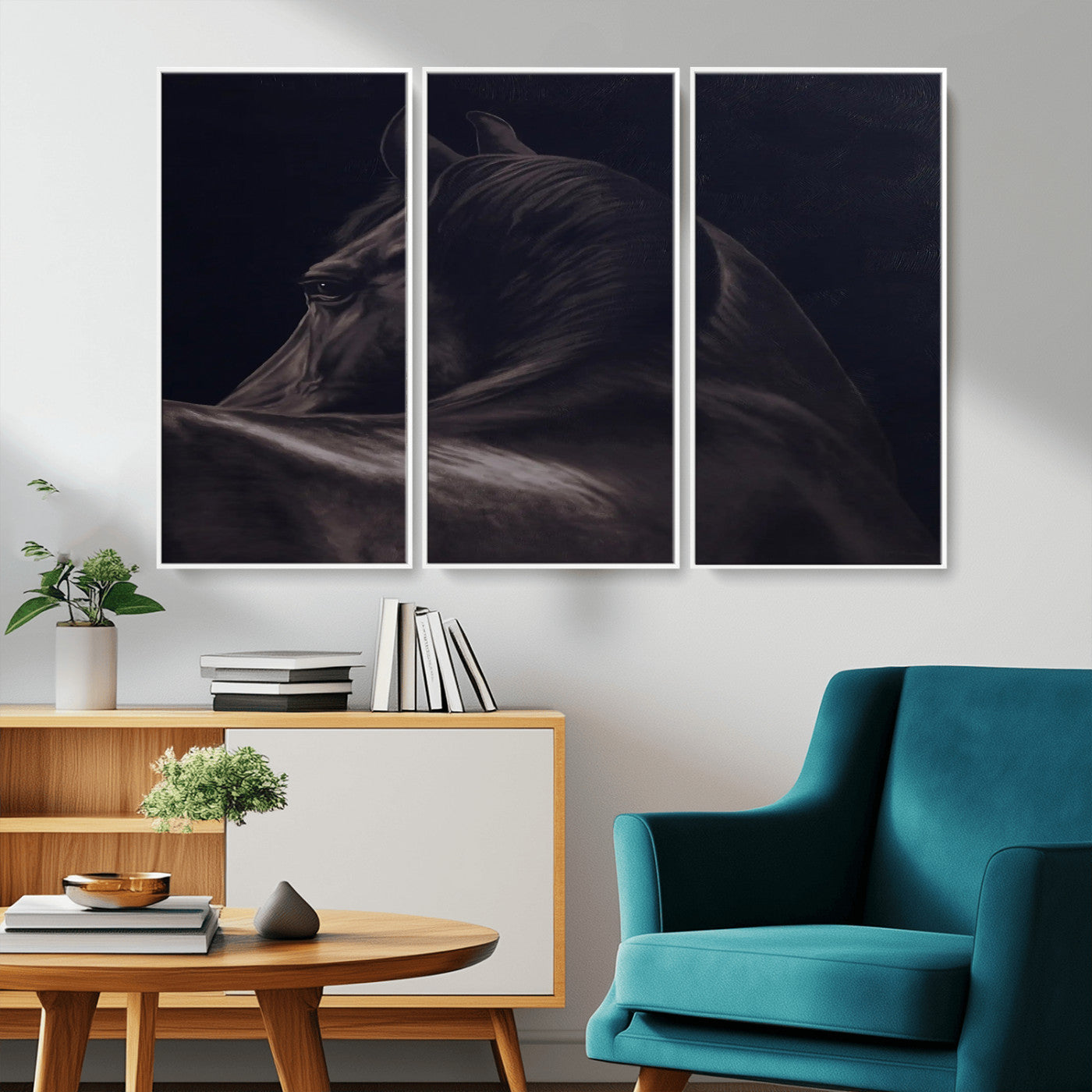 Close-up of a black horse with dramatic lighting on a dark background, perfect for rustic or masculine home decor.