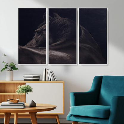 Close-up of a black horse with dramatic lighting on a dark background, perfect for rustic or masculine home decor.