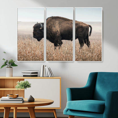 A lone bison stands in a vast prairie under a soft sky, evoking freedom and rustic charm for western or farmhouse inspired interiors.