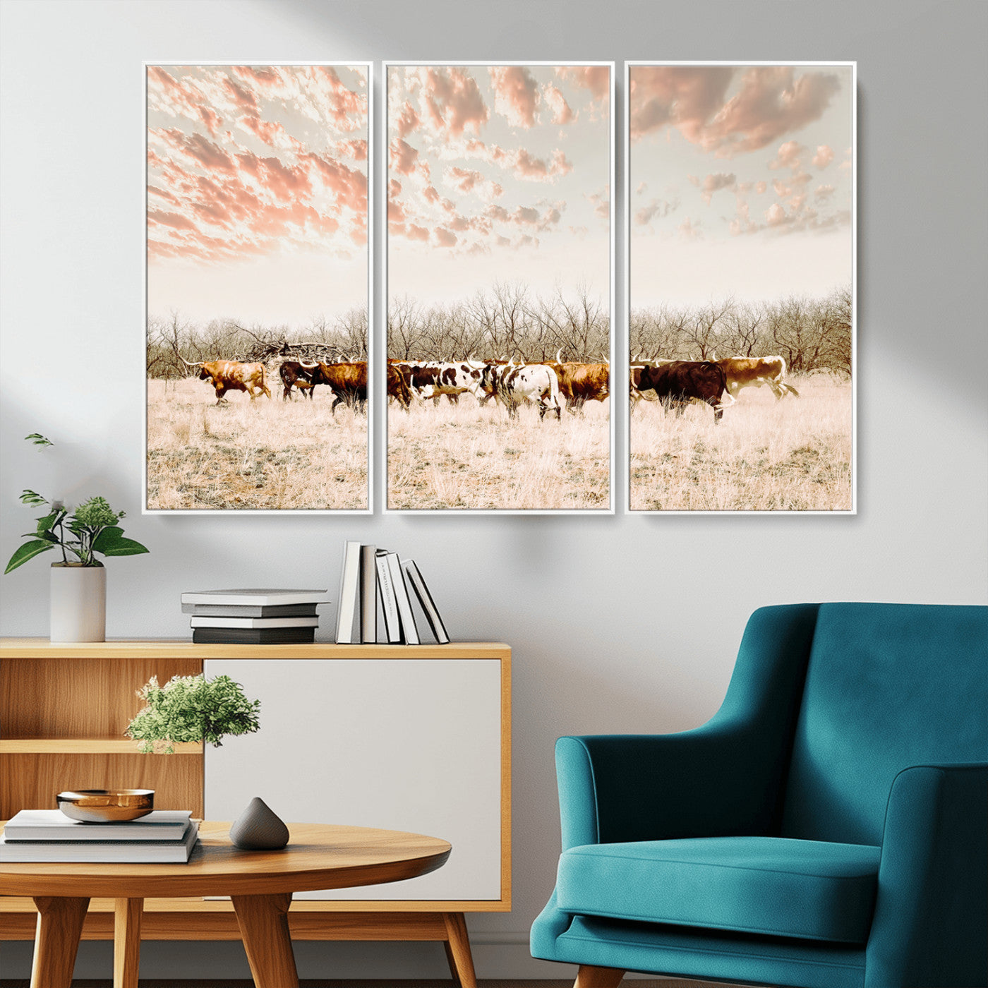 Cattle herd in a soft-toned field under a pastel pink sky, creating a peaceful rustic feel, perfect for farmhouse or western-themed spaces.