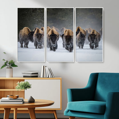 A herd of American bisons walking through deep snow in a forest, evoking a powerful rustic wilderness mood for western-style interiors.