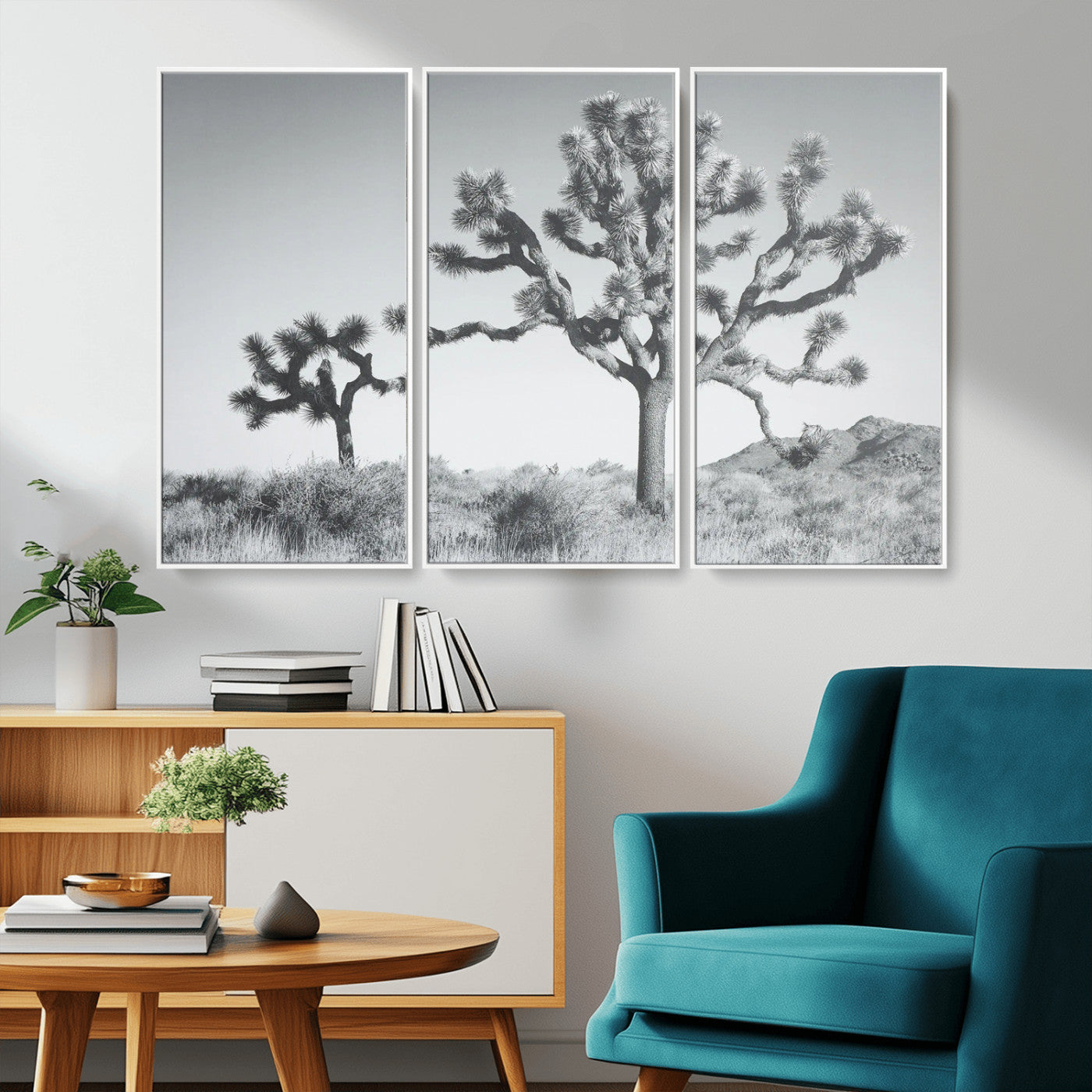 Black and white Joshua tree in a desert landscape with soft light and dry brush, perfect for rustic or minimalist home decor.