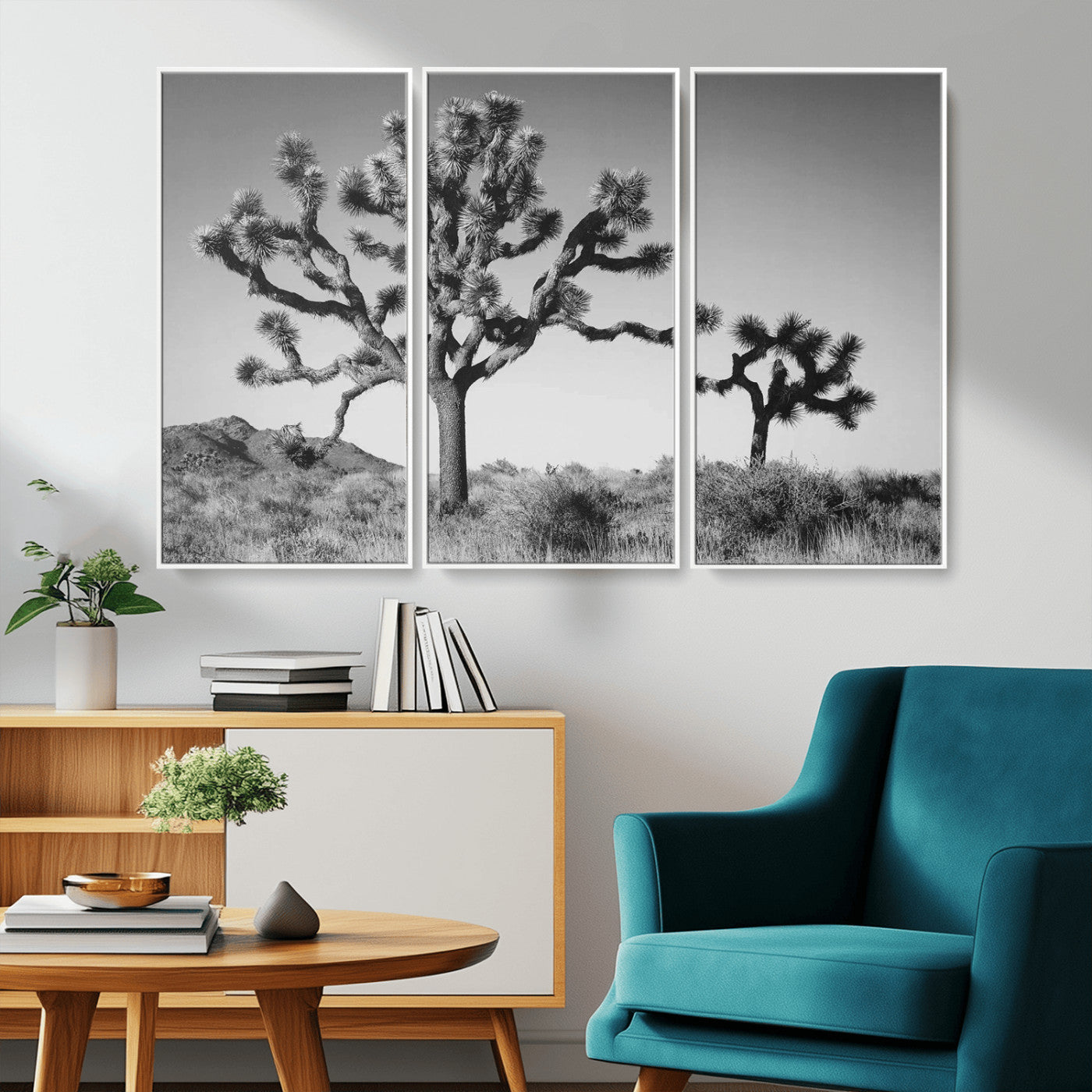 Black and white Joshua trees in a rugged desert landscape, creating a calm and minimalist feel for natural or rustic-themed interiors.