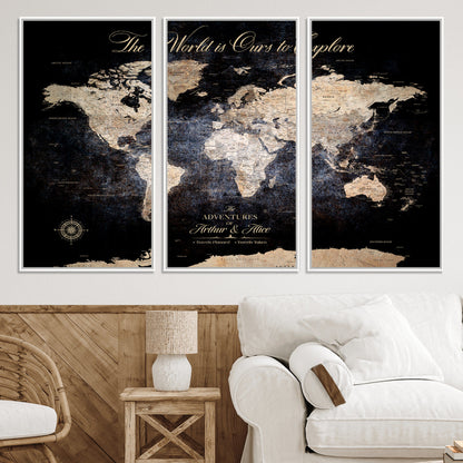'-Customize Push Pin World Map Wall Canvas Print, Personalized Travel Tracker with Pins, Framed Large Canvas for Home Office Decor - H37