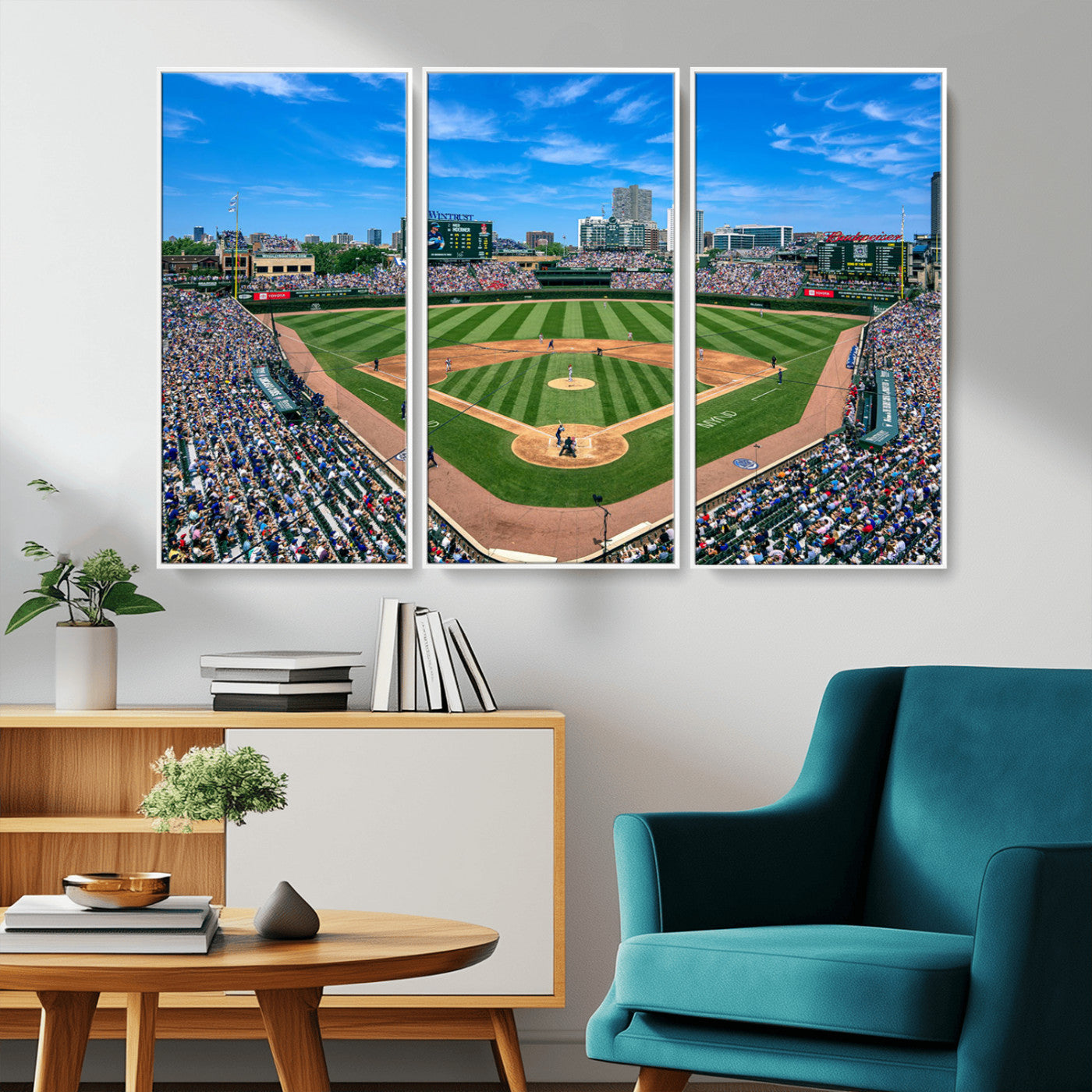 Wrigley Field Baseball Stadium Canvas Wall Art, Packed Crowd Sports Stadium Print, City Skyline Baseball Field Canvas for Game Room Decor