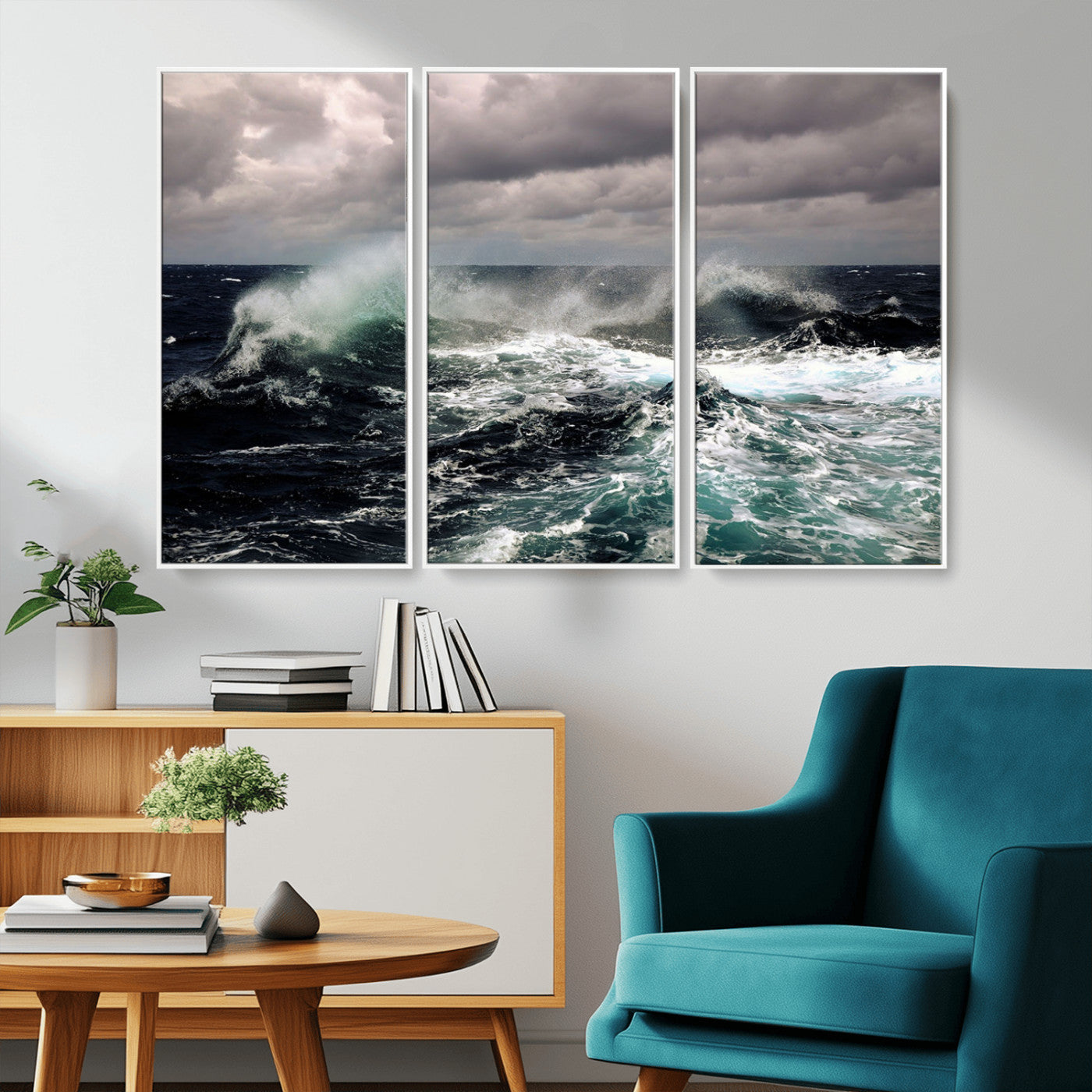 Powerful ocean waves crashing under stormy skies, creating a dynamic and intense seascape.