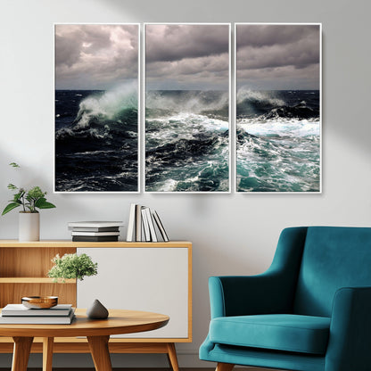 Powerful ocean waves crashing under stormy skies, creating a dynamic and intense seascape.