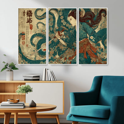 Tsukioka Yoshitoshi Samurai Wall Art Print, Japanese Katana Warrior Canvas Wall Art, Octopus Sea Monster Canvas Print,