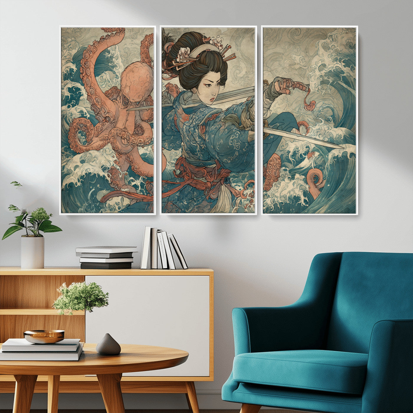 Tsukioka Yoshitoshi Samurai Wall Art Print, Japanese Katana Warrior Canvas Wall Art, Octopus Sea Monster Canvas Print,