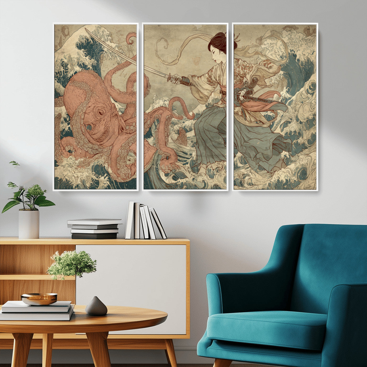 Tsukioka Yoshitoshi Samurai Wall Art Print, Japanese Katana Warrior Canvas Wall Art, Octopus Sea Monster Canvas Print,