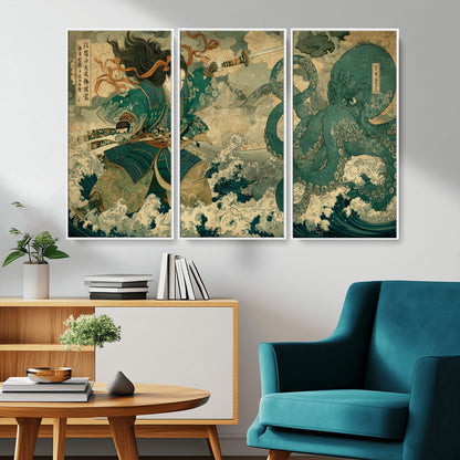 Tsukioka Yoshitoshi Samurai Wall Art Print, Japanese Katana Warrior Canvas Wall Art, Octopus Sea Monster Canvas Print,