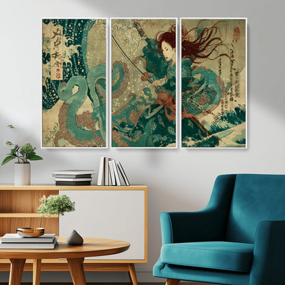 Tsukioka Yoshitoshi Samurai Wall Art Print, Japanese Katana Warrior Canvas Wall Art, Octopus Sea Monster Canvas Print,