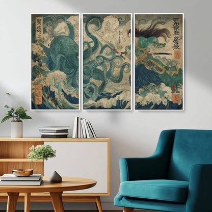 Tsukioka Yoshitoshi Samurai Wall Art Print, Japanese Katana Warrior Canvas Wall Art, Octopus Sea Monster Canvas Print,