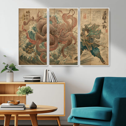 Tsukioka Yoshitoshi Samurai Wall Art Print, Japanese Katana Warrior Canvas Wall Art, Octopus Sea Monster Canvas Print,