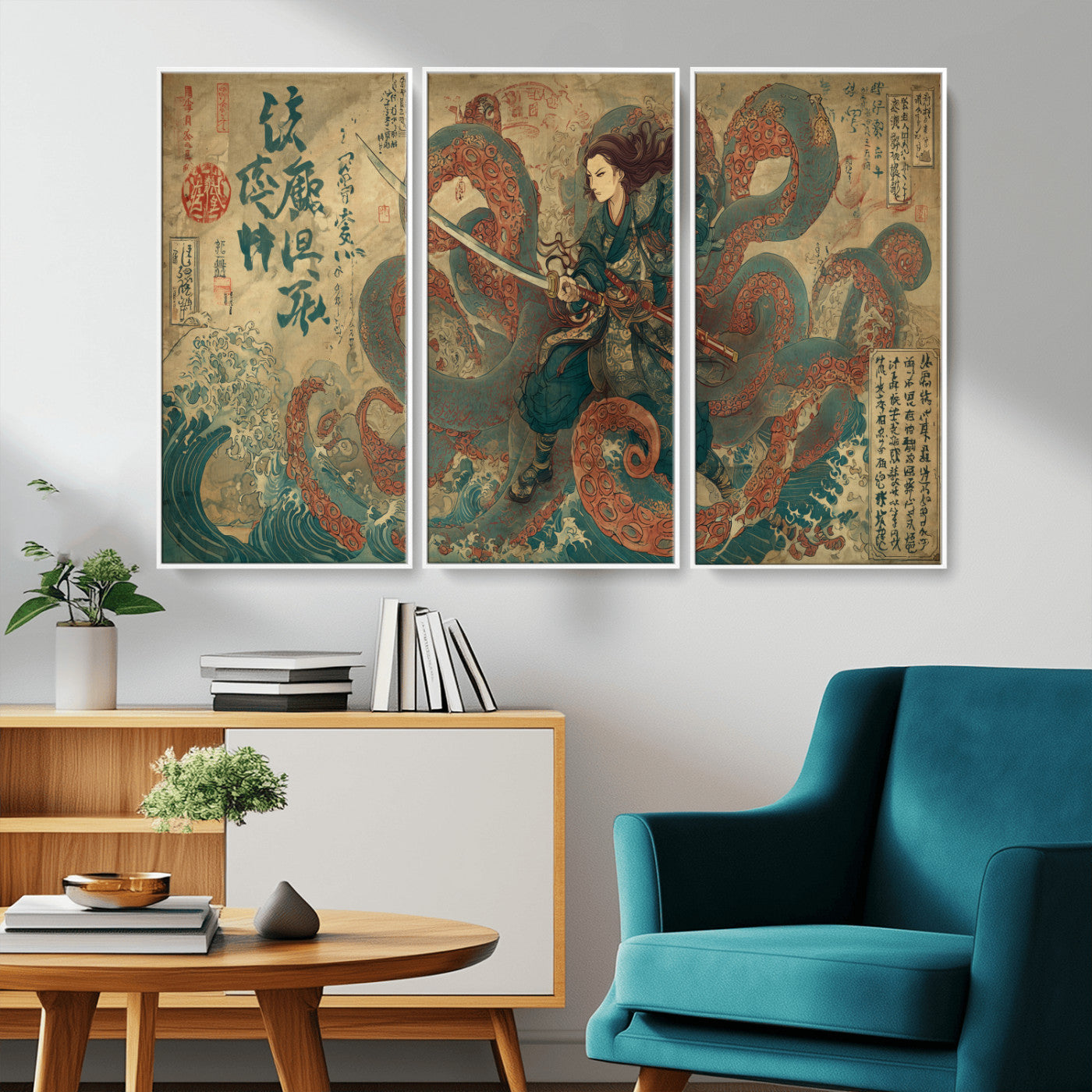 Tsukioka Yoshitoshi Samurai Wall Art Print, Japanese Katana Warrior Canvas Wall Art, Octopus Sea Monster Canvas Print,