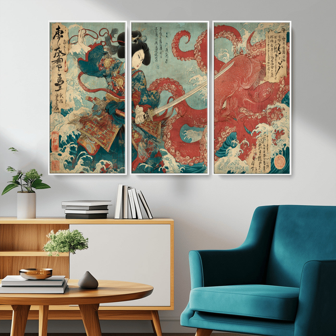 Tsukioka Yoshitoshi Samurai Wall Art Print, Japanese Katana Warrior Canvas Wall Art, Octopus Sea Monster Canvas Print,