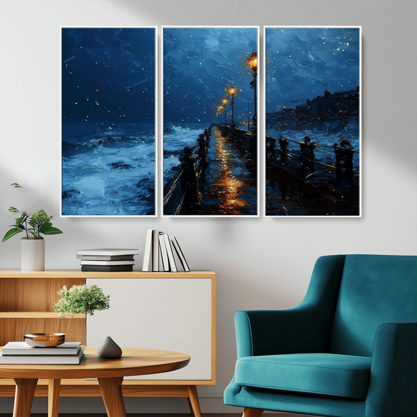 "Impressionistic painting of a rainy pier at night with glowing street lamps reflecting on the wet surface, ocean waves crashing under a dark blue sky."
